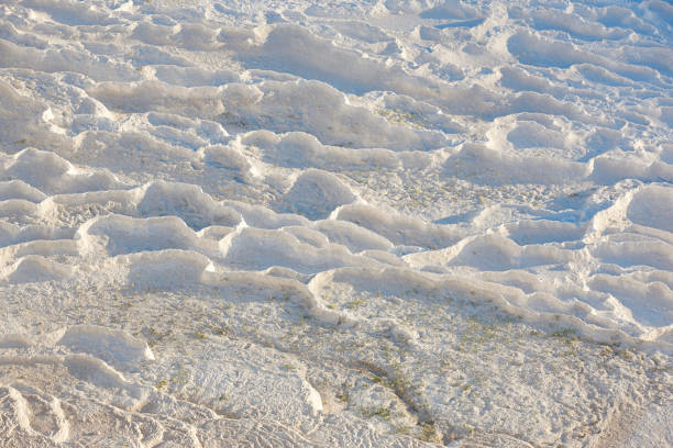 Pamukkale white mineral limestone natural pool. Geology landmark in Turkey