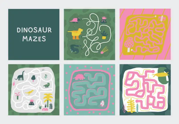 Vector illustration of Cute hand drawn dinosaur theme mazes set