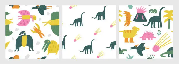 Vector illustration of Cute dinosaur theme seamless patterns set