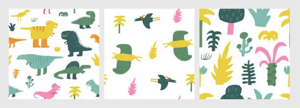 Vector illustration of Cute dinosaur theme seamless patterns set