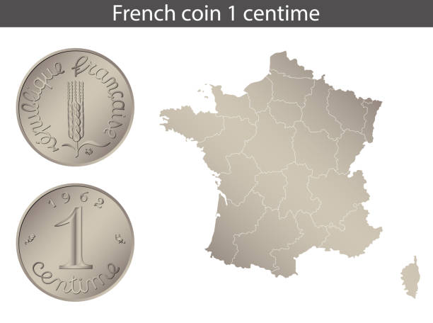 フランス1サンチーム硬貨。フランスの裏と表側は1サンチーム硬貨。1サンチーム硬貨、フランスの地図の背景に分離。 - french coin illustrations点のイラスト素材／クリップアート素材／マンガ素材／アイコン素材