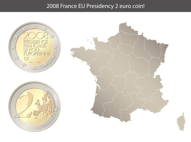 フランス。2ユーロ硬貨。欧州連合理事会のフランス議長国。フランスの裏と表側は2ユーロ硬貨。フランスの地図の背景に分離された2ユーロ硬貨。 - french coin illustrations点のイラスト素材／クリップアート素材／マンガ素材／アイコン素材