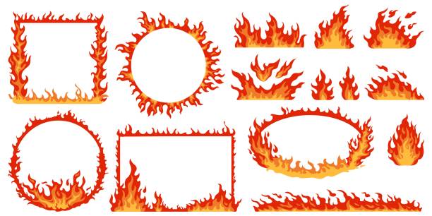 istock Flames frames. Different shapes of curved fires. Round, oval and square fiery borders. Hot red bonfires. Geometric burning forms. Flaming combustion. Inferno element. Recent vector set 1934291671