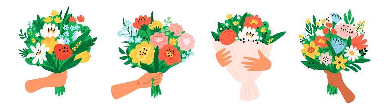 Cartoon hands hold flowers. Beautiful bouquets. Spring holiday botanical present. Floral compositions. Blooming romantic gifts. Women Day. Blossoms bunch in arms. Natural plants. Garish vector set