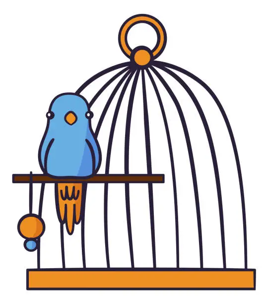 Vector illustration of Pets accessories. Bird in cage. Domestic animal. Metal wire birdcage with perch. Parrot or canary care. Isolated veterinary equipment. Small birdie on perching. Vector vet shop object