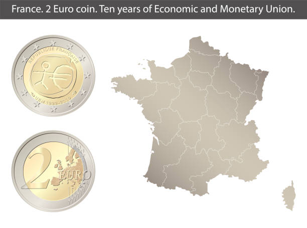 ilustrações, clipart, desenhos animados e ícones de frança. moeda de 2 euros. dez anos de união económica e monetária. reverso e anverso da frança moeda de dois euros. ilustração vetorial isolada no fundo de um mapa da frança. - european union coin european union currency number 2 two euro coin