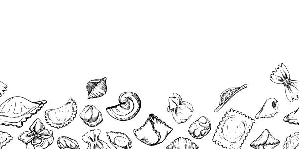 Hand drawn vector ink illustration. Ravioli pelmeni pierogi vareniki manti wonton conchiglie fagottini farfalle. Seamless banner isolated on white. Restaurant menu, food shop package, flyer, print. Hand drawn vector ink illustration. Ravioli pelmeni pierogi vareniki manti wonton conchiglie fagottini farfalle. Seamless banner isolated on white. Restaurant menu, food shop package, flyer, print russian pelmeni stock illustrations