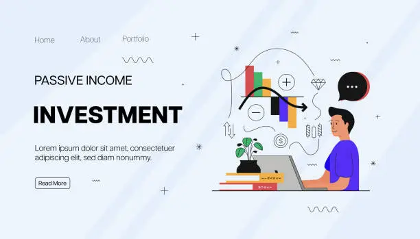 Vector illustration of Investor man watching from computer and receiving money profit, stock dividends. Passive income and market investment flat vector illustration. Financial freedom.