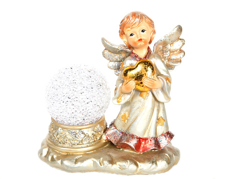 Christmas Angel Ornament. Romantic angel christmas decoration with magic christal ball isolated on white background.