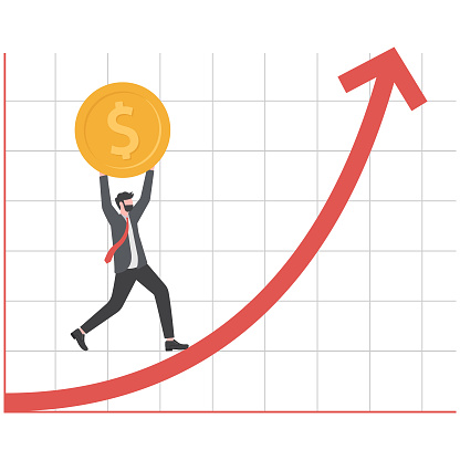 Financial and economic growth, increase in investment portfolio and savings, growth in income and wages, profitability of investments and stocks, man carries coin along the growing arrow of the graph.