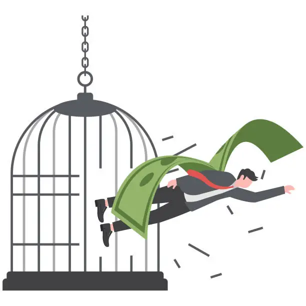 Vector illustration of Hope and liberty. Brave businessman escape from birdcage using his money wings, get out of comfort zone to find new job