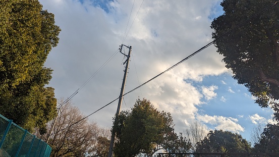 Japanese telephone poles, sky and trees