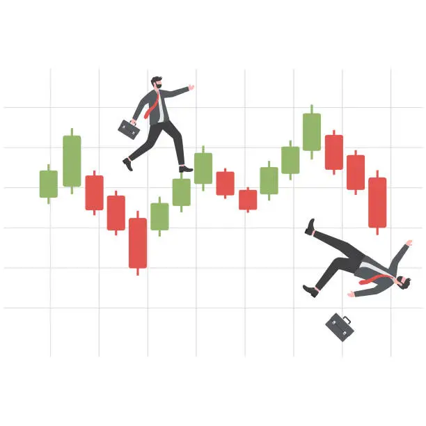 Vector illustration of Financial Crisis, Stock market downfall concept. Bankrupt businessman falling down with his stocks crash shares graph.