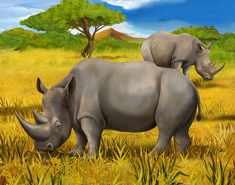 cartoon scene with rhino rhinoceros family safari scene illustration for kids