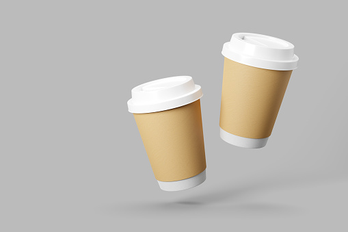 Craft paper coffee cup for mockup  on white background, Realistic Brown Paper Cups  with white Lid, product brand presentation. 3d rendering.