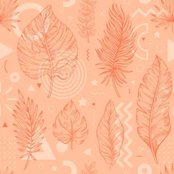 Vector illustration of 2024 peach palm leaf color pattern. Seamless fuzz color tropical background. Peach abstract 2024 year colour pattern. Sketch spring summer palette drawing. Seamless geometric fashion design vector