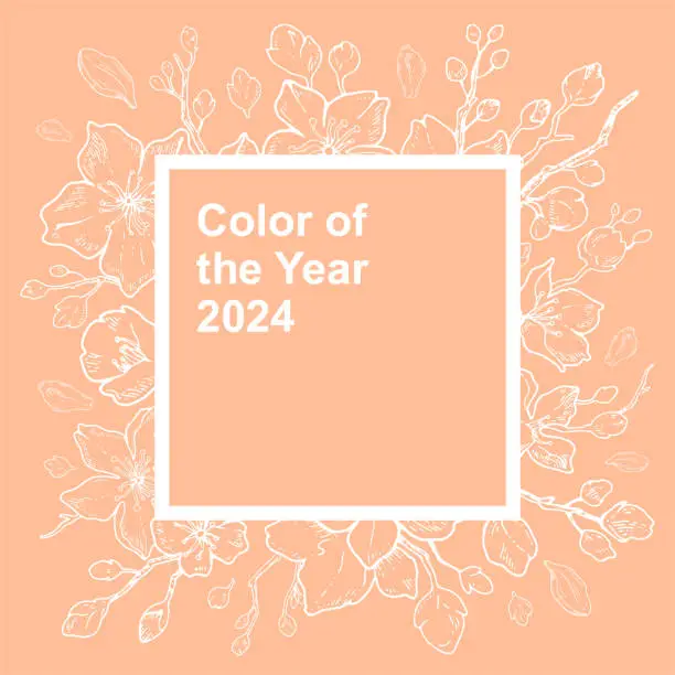 Vector illustration of 2024 year color frame. Peach tree blossom. Fuzz branch pattern. Soft palette with Peach flower background. Abstract fuzz 2024 year colour. Spring summer fashion, interior design palette. Trendy color