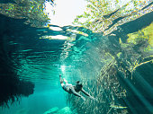 Woman dives in tropical cenote, underwater shot