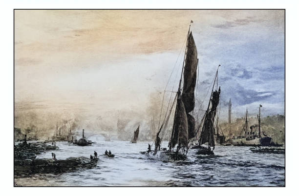 antique photo of paintings: london bridge - illustration and painting retro revival sailboat antique stock illustrations