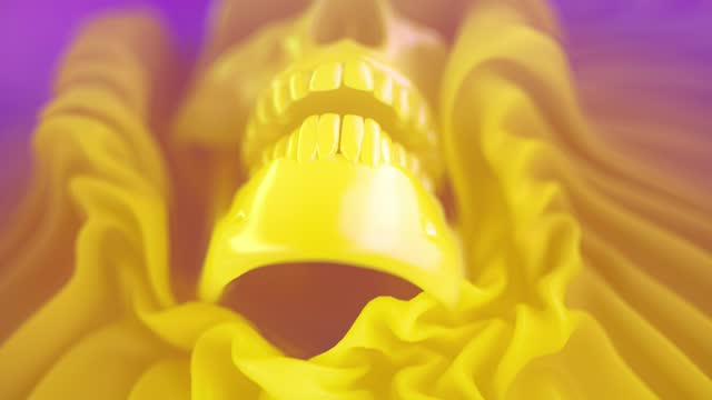 Abstract fantasy animation of a human, bright yellow, shiny skull protruding from the folds of multicolored fabric. 3d rendering background 4K