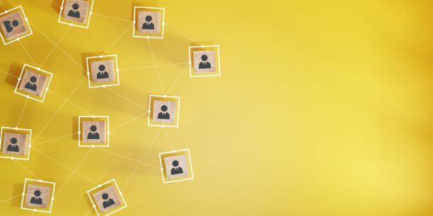 istock teamwork concept. Wooden cube block print screen person icon which link connection network for organisation structure social network. 1934380145