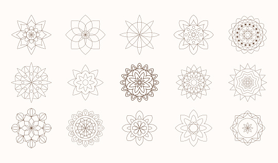 Geometric Mandala set. Decorative Flower of Life symbol, Yoga studio, meditation logo. Ethnic ornamental design elements collection. Henna tattoo. Oriental vector illustration.