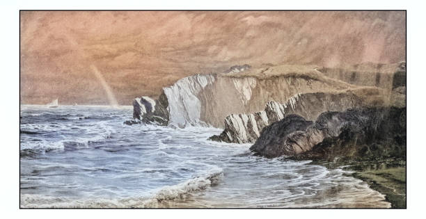 ilustrações, clipart, desenhos animados e ícones de antique photo of paintings: north devon cliffs - illustration and painting stone beach cliff