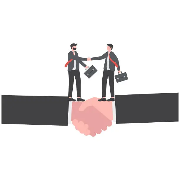 Vector illustration of Negotiation for business winning, agreement or partnership deal for both benefit, merger and acquisition, professional talk concept, businessman handshake with success negotiation over balance seesaw.