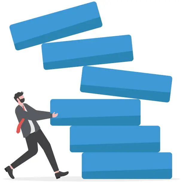 Vector illustration of Investment risk, failure or mistake for greedy decision, business strategy to be careful and balance on instability and uncertainty concept, businessman pulling wooden block from collapsing stack.