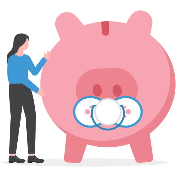 Vector illustration of Child care expense planning, spending on having a baby or financial budget for kids concept, smart parent new  mother with baby piggybank with teether metaphor of savings for kids.