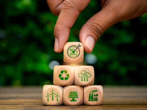 istock Reduce CO2 emissions background, limit climate change, global warming, carbon dioxide reduction concept. Hand put green Net Zero target symbol on wood block pyramid stack with renewable element icons. 1934398278