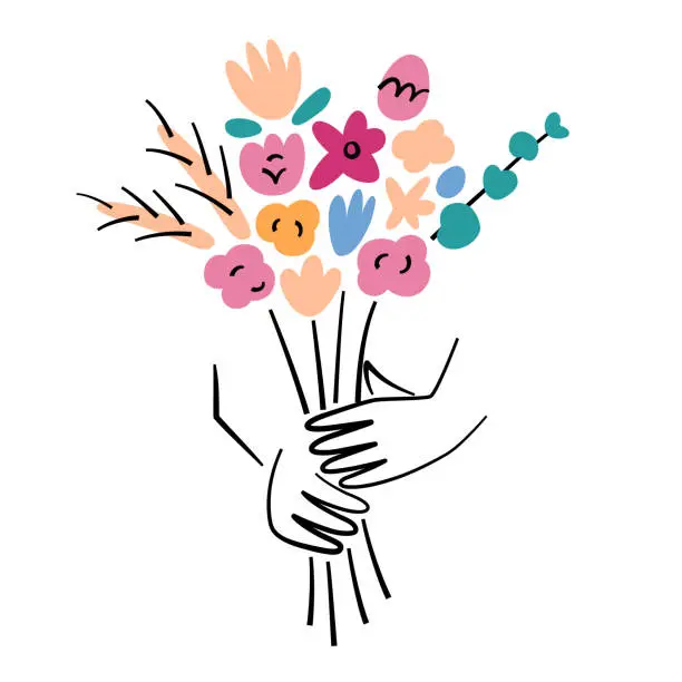 Vector illustration of Hands holding flower bouquet, Valentines gift icon, vector illustration of floral arrangement for birthday, good for greeting card and invitation