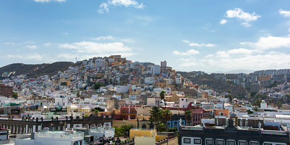Panoramic top view of the capital Las Palmas Gran Canaria in Spain with blue sky