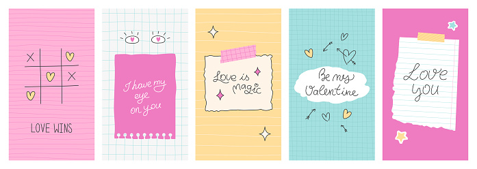 Doodle hearts, stars, handwritten text on torn sheet, paper from notebook with stickers. Cool and modern Valentine's Day social media backgrounds. Vector illustration.