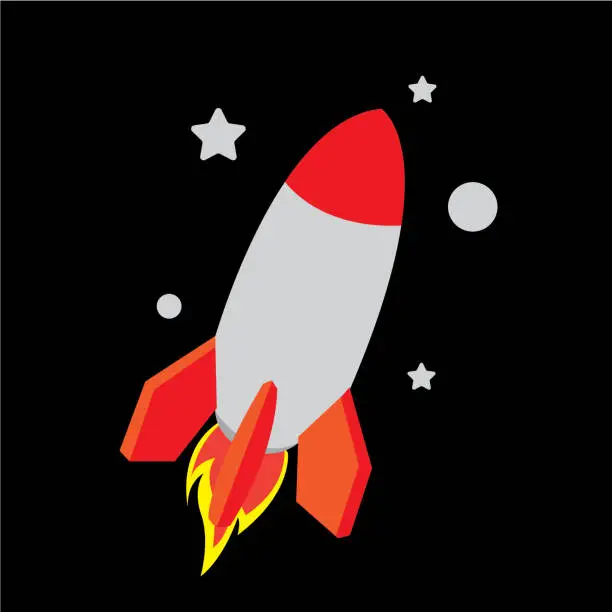 Vector illustration of Space rocket flying in the starry space dark sky.