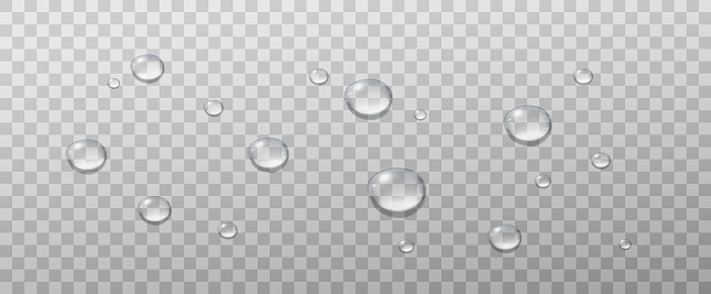 Realistic vector water drops on a transparent light background. Water condensation on the surface with light reflection and realistic shadow. 3d vector illustration