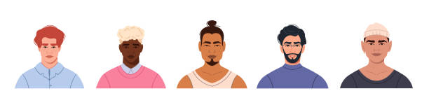 A set of avatars of modern multicultural multinational men with different hairstyles A set of avatars of modern multicultural multinational men with different hairstyles. Portraits of young men of different races for social networks. Bright vector illustration in a flat style white background smiling minority african descent stock illustrations