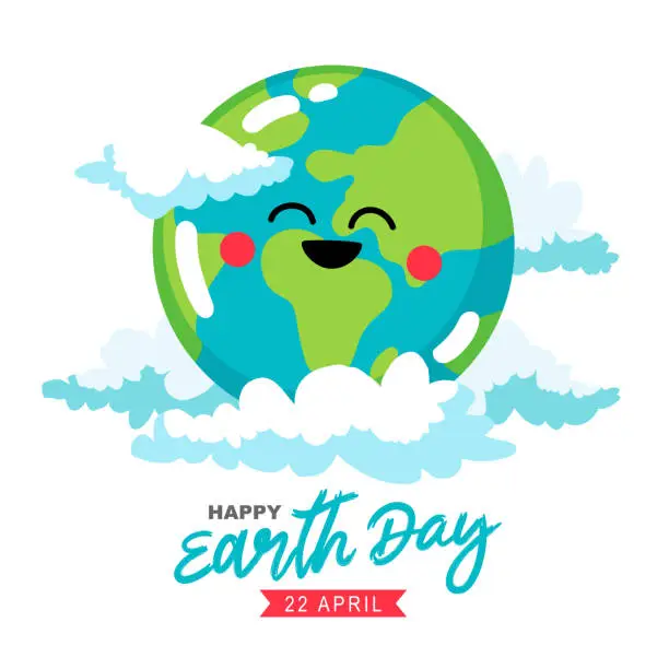 Vector illustration of Joyful laughing planet Earth in the clouds. Happy Earth Day, April 22nd. Design elements for a postcard, banner or poster