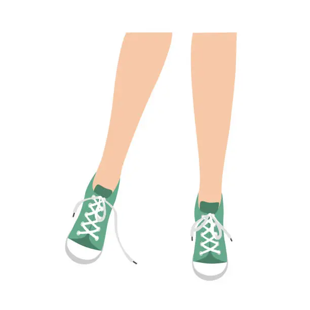 Vector illustration of Woman legs in green sneakers with untied shoelaces. Vector illustration isolated on drawing creative background