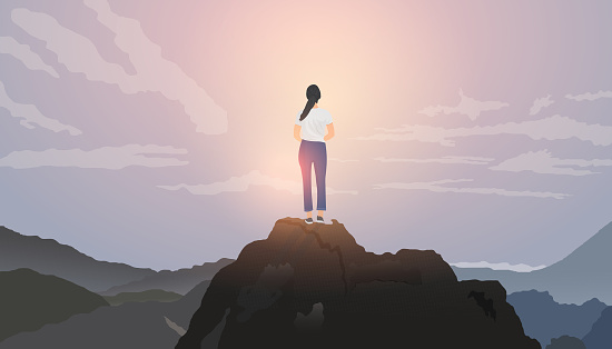 A beautiful young woman with long hair stands happily watching the sunrise on a high mountain peak. Vector illustration, concept of living a happy life or a financially independent life.