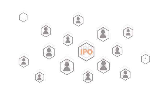 IPO - Initial Public Offering. Flat style animation. Investors icons in hexagons
