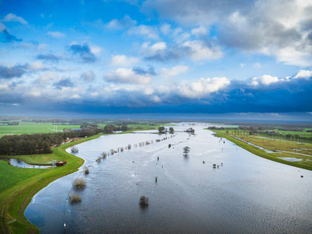 istock Vecht river high water level flooding at the Vechterweerd weir drone view 1934472437