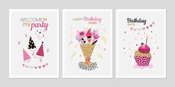 Vector illustration of Bright birthday cards collection in retro style with a bouquet, cake and festive caps. Vector illustration.