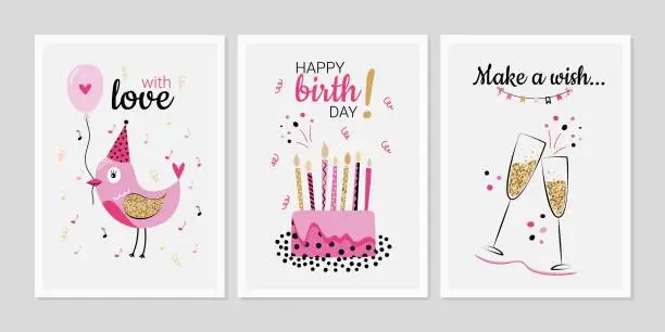 Vector illustration of Bright birthday cards collection in retro style with a bird, cake and champagne. Vector illustration.