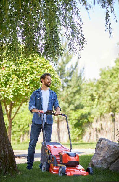 istock Smiling bearded man trimming lawn with modern mower, while working in garden at sunny day. 1934476171