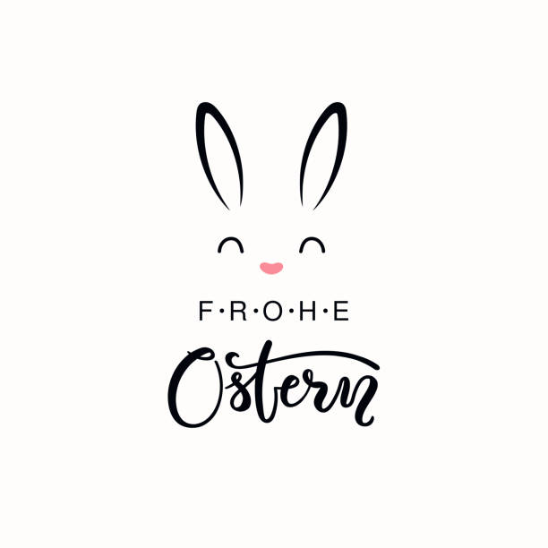 Happy Easter lettering quote in German Hand written calligraphic lettering quote Frohe Ostern, Happy Easter in German, with bunny face. Isolated objects on white background. Hand drawn vector illustration. Design concept for card, banner. funny ear stock illustrations