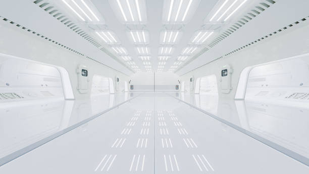 istock Science lab or sci-fi corridor white color. Science elements and innovation background. 1934479386
