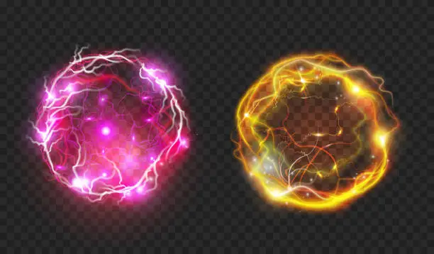 Vector illustration of Plasma or electric sphere with thunderbolts and lightning. Vector isolated balls or circles with electricity discharge and power. Realistic magic element for game design, flash and glowing