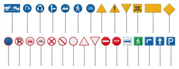 Vector illustration of Road signs, isolated realistic traffic boards with information and messages for drivers on street or highway. Vector bus and cycle zone, no entry, u turn and no parking, roundabout symbol