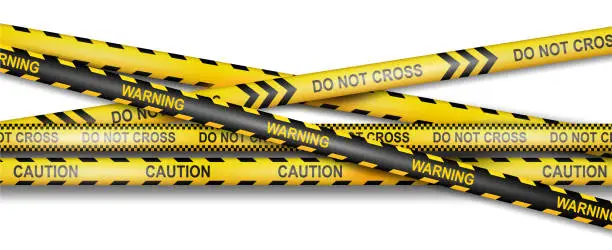 Vector illustration of Police ribbons with warning and caution, do not cross or trespass. Vector isolated yellow tapes on crime scene or investigation zone. Barrier for people, realistic sticky paper marking area